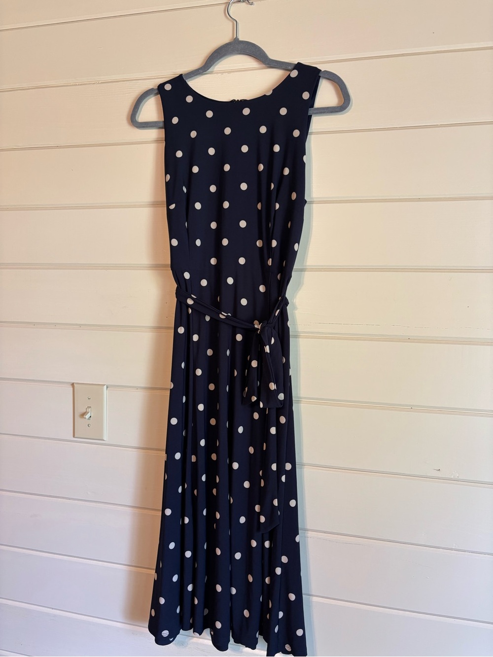 Anne Klein Navy Polka Dot Sleeveless Belted Midi Dress